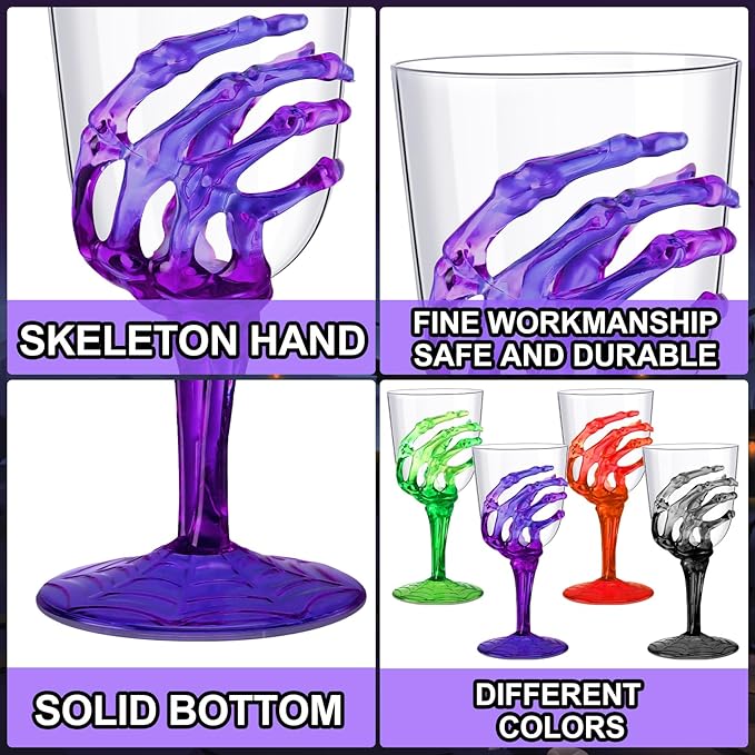 Yungyan 60 Pcs Halloween Skeleton Hand Plastic Goblets Set 12 oz Spooky Skeleton Hand Goblets Halloween Clear Cups Wine Glasses Creepy Champagne Decorations for Party Haunted House 4 Color