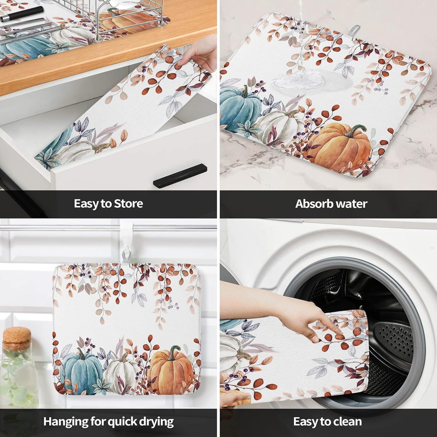 Fall Dish Drying Mat for Kitchen Counter Pumpkin Drying Pad Absorbent Drying Mats for Countertops Sinks Draining Racks Autumn Eucalyptus Leaves Drainer Holiday Harvest Thanksgiving Decorations 18x24