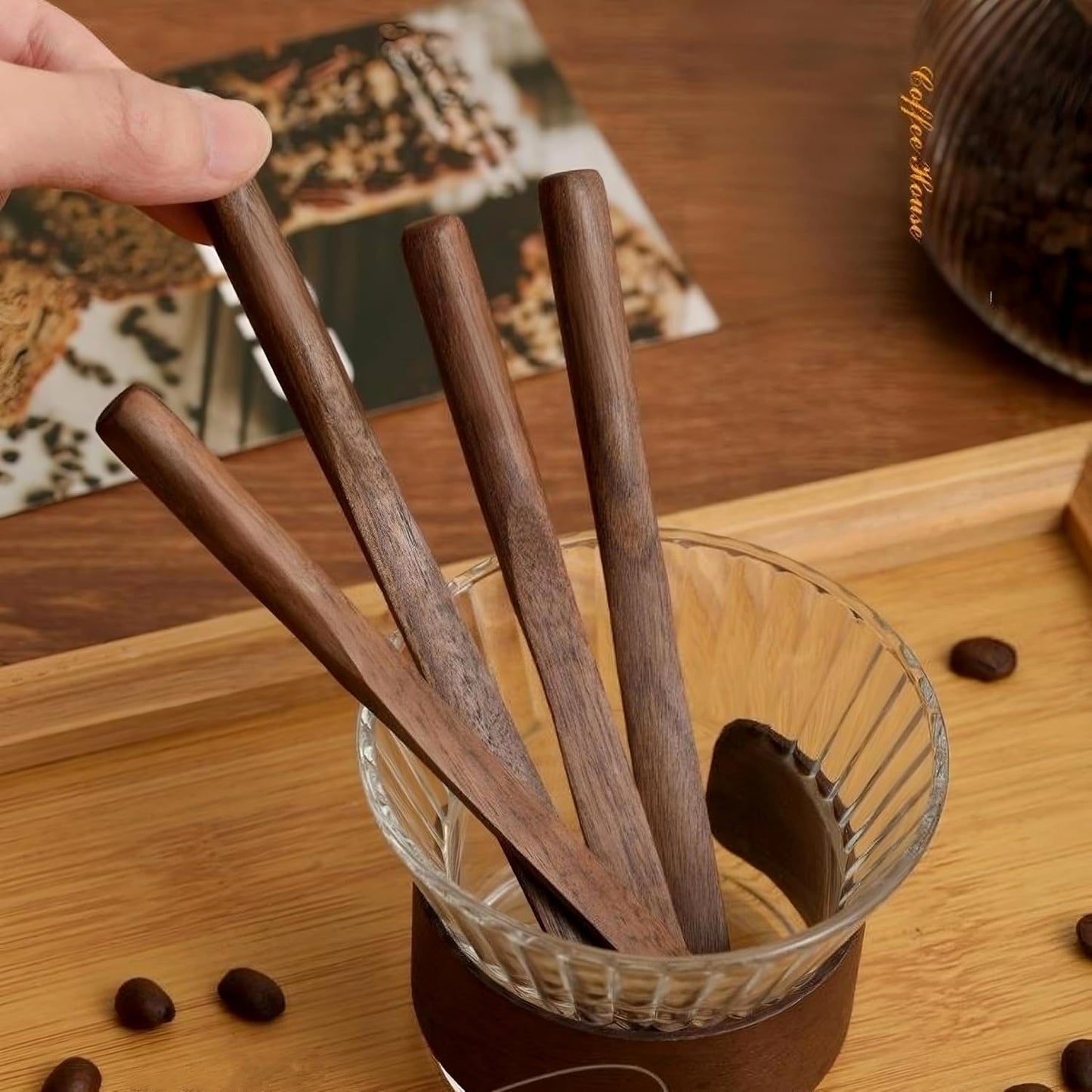 Solid Black Walnut Wood 3Pcs 6" Coffee Stirrers【Rounded Handle】 | Reusable & Multifunctional for Hot/Cold Beverages (Coffee, Milk, Oatmeal), Cooking(jam, peanut butter Spreader)
