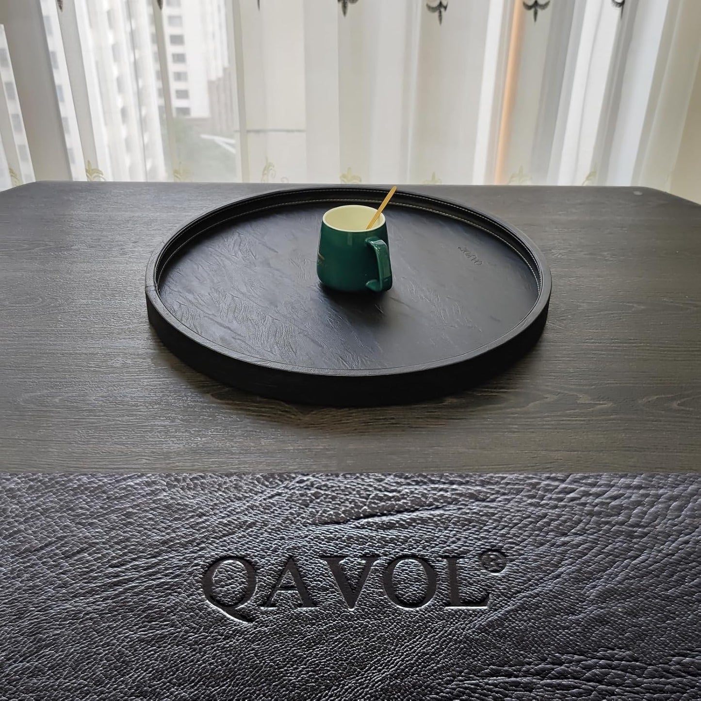 20 * 20 inches high-end Light Luxury Leather Round Oversized Service Tray, Ottoman Tray，Coffee Tray, Food Tray, Family Dinner, Out-of-House Picnic, Party Essential Tray (20 inch Black)