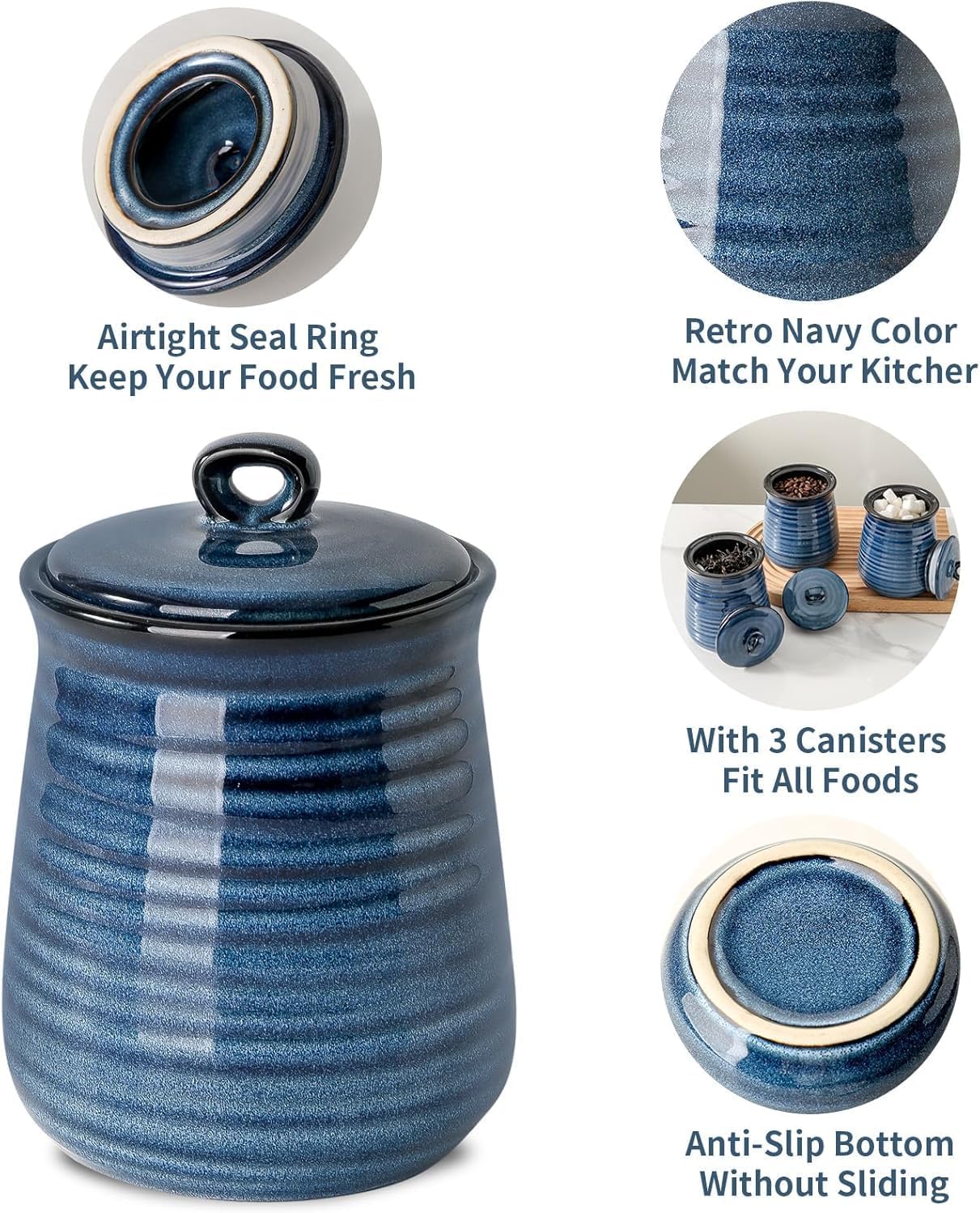 Ceramic Food Storage Jars,25 Oz Porcelain Kitchen Canisters with Airtight Lids Set of 3,Flour Containers for Countertop,Farmhouse Decor Serving Ground Coffee,Tea,Sugar,Pasta and Rice,Blue