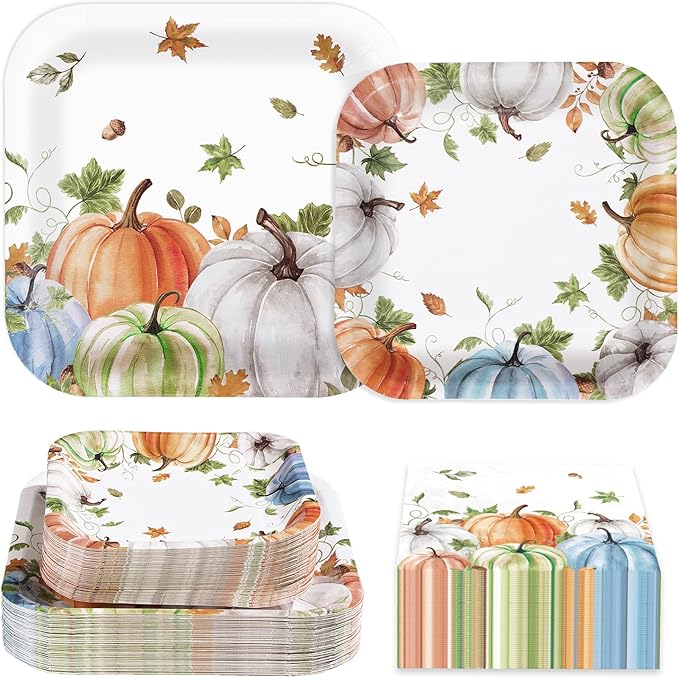 Grencian 200Pcs Fall Plates and Napkins Square Autumn Pumpkin Plates Thanksgiving Paper Platter Tableware Sets for Thanksgiving Harvest Party Decorations, Serves 50