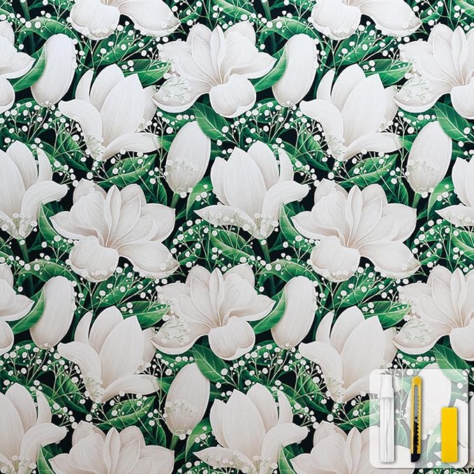 Window Privacy Film Stained Glass Decorative Static Clings Frosted Window Tint for Home Room Decor Bathroom Door Car Stickers with Glittering Effect, Removable(Magnolia Design)