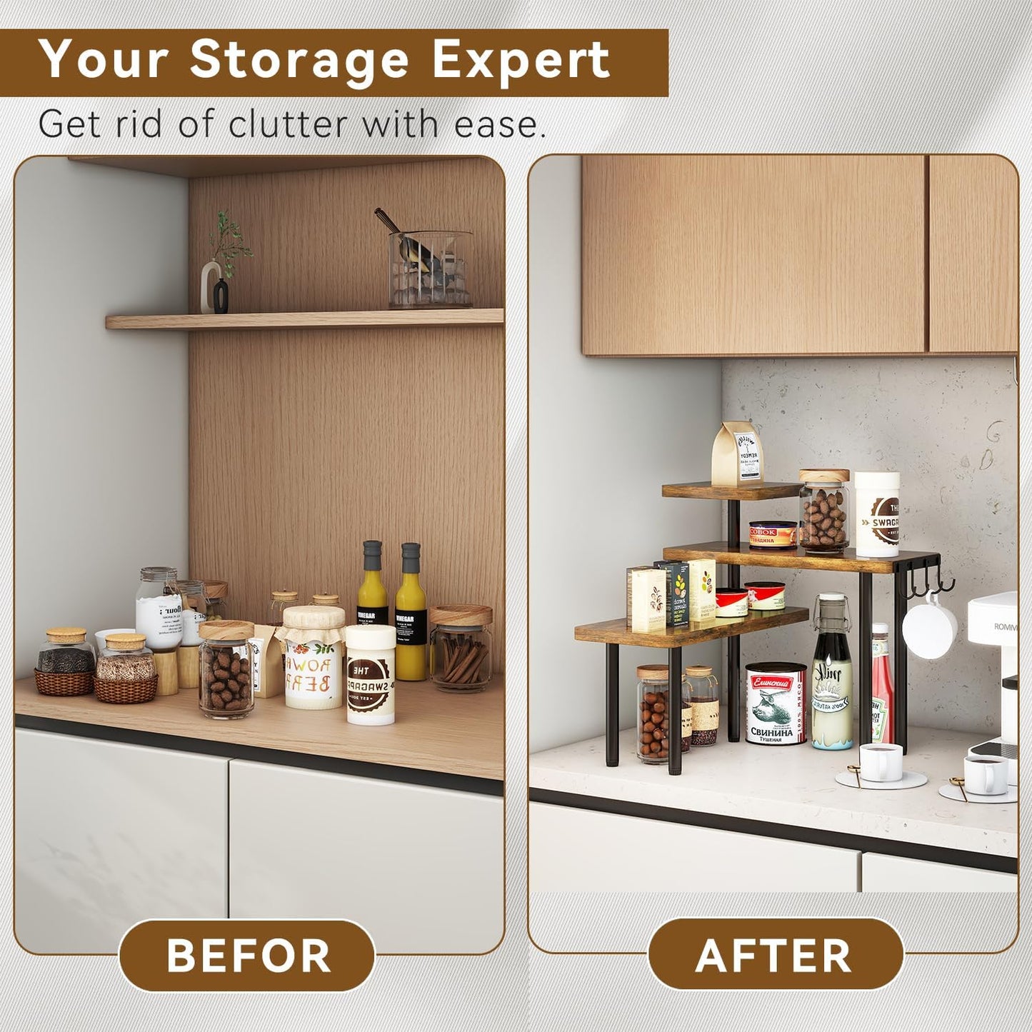 IBUYKE Countertop Organizer,3-Tier Spice Racks,Kitchen Counter Corner Shelf,4 Side Hooks,Adjustable Countertop Shelf for Kitchen, Bathroom, Coffee Bar, Cabinet, Desk,Rustic Brown,TLJ023H