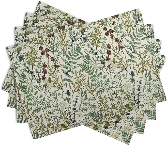 Sage Green Botanical Floral Placemats Set of 4 Vintage Tropical Herbs Fern Leaves Place Mats 12x18 Inch Seasonal Plant Spring Summer Linen Fabric Table Mats for Party Kitchen Dining Decor