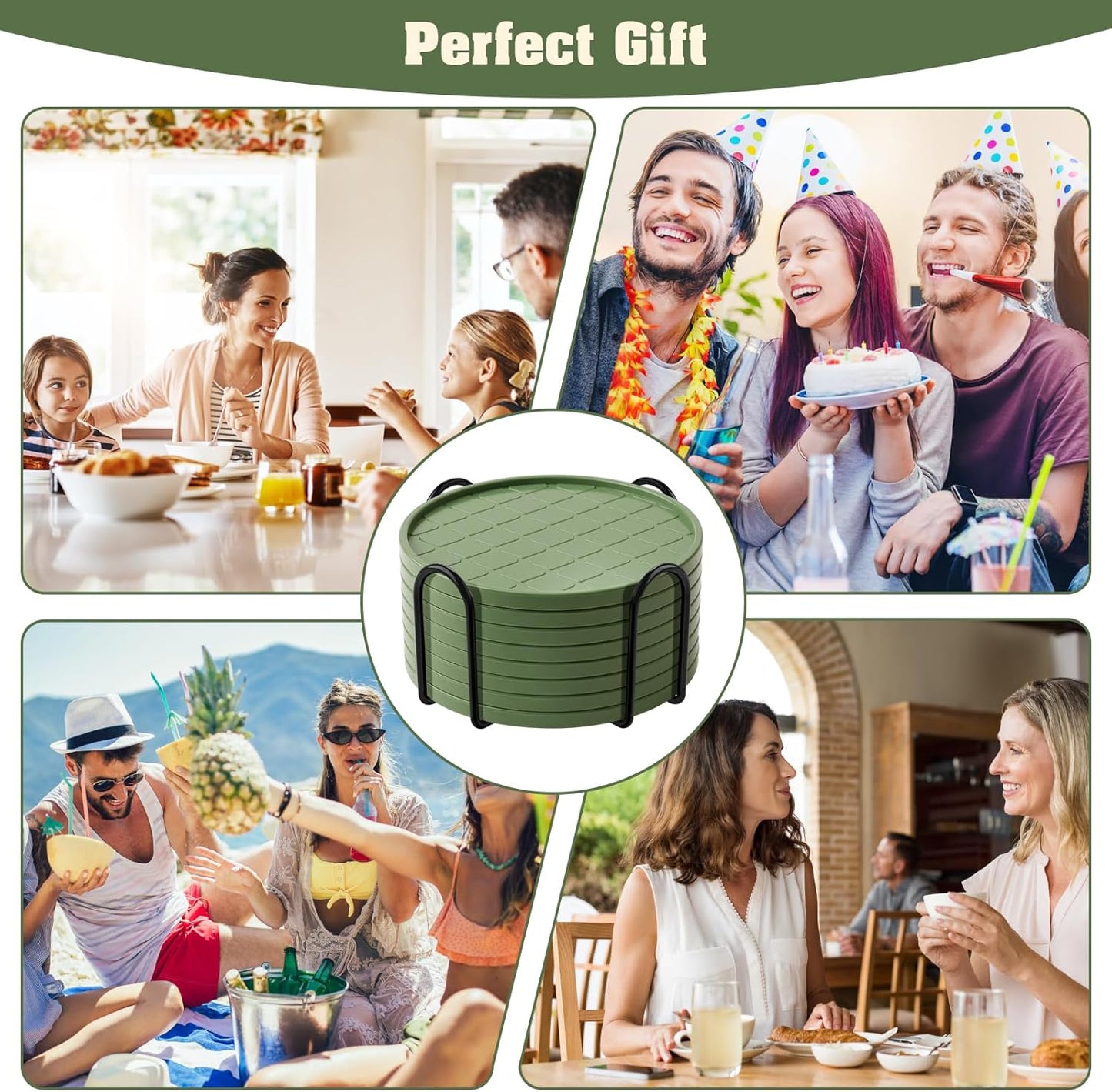Coasters,Drink Coasters Set of 8 with Holder (Green, 12pcs)
