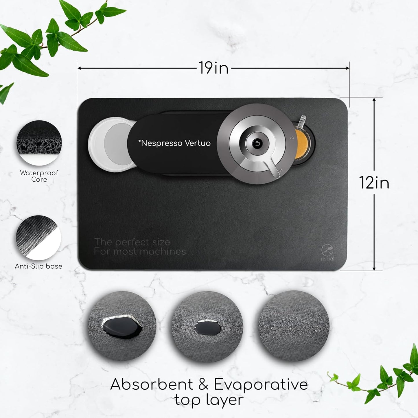 Ternal - Coffee Mat – 19x12 Inch Wet Bar Mat for Countertop | Absorbent, Quick-Dry Dish Drying Pad with Non-Slip Rubber Back | Fits Under Coffee-Maker, Espresso Machine, Dish Rack