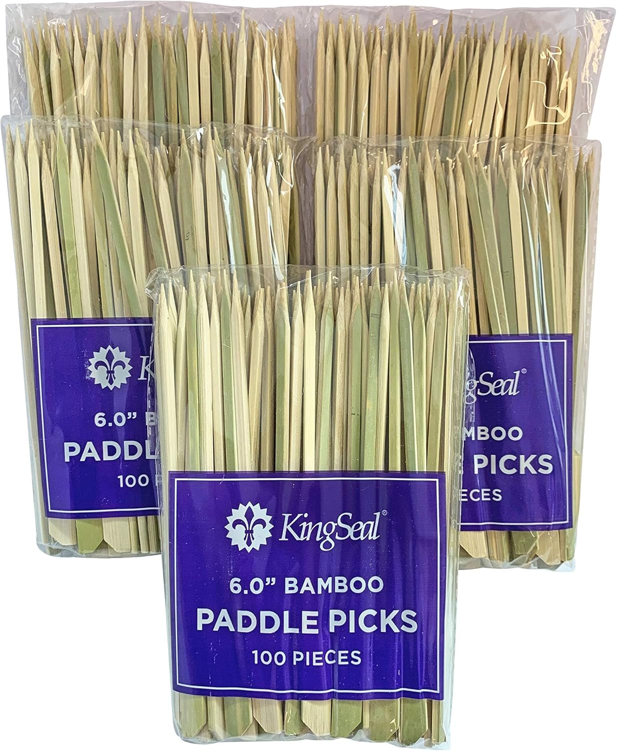 KingSeal Natural Green Bamboo Wood Paddle Picks, Skewers for Appetizers and Cocktails, 6.0 Inches - 5 Packs of 100 Each (500 Count)