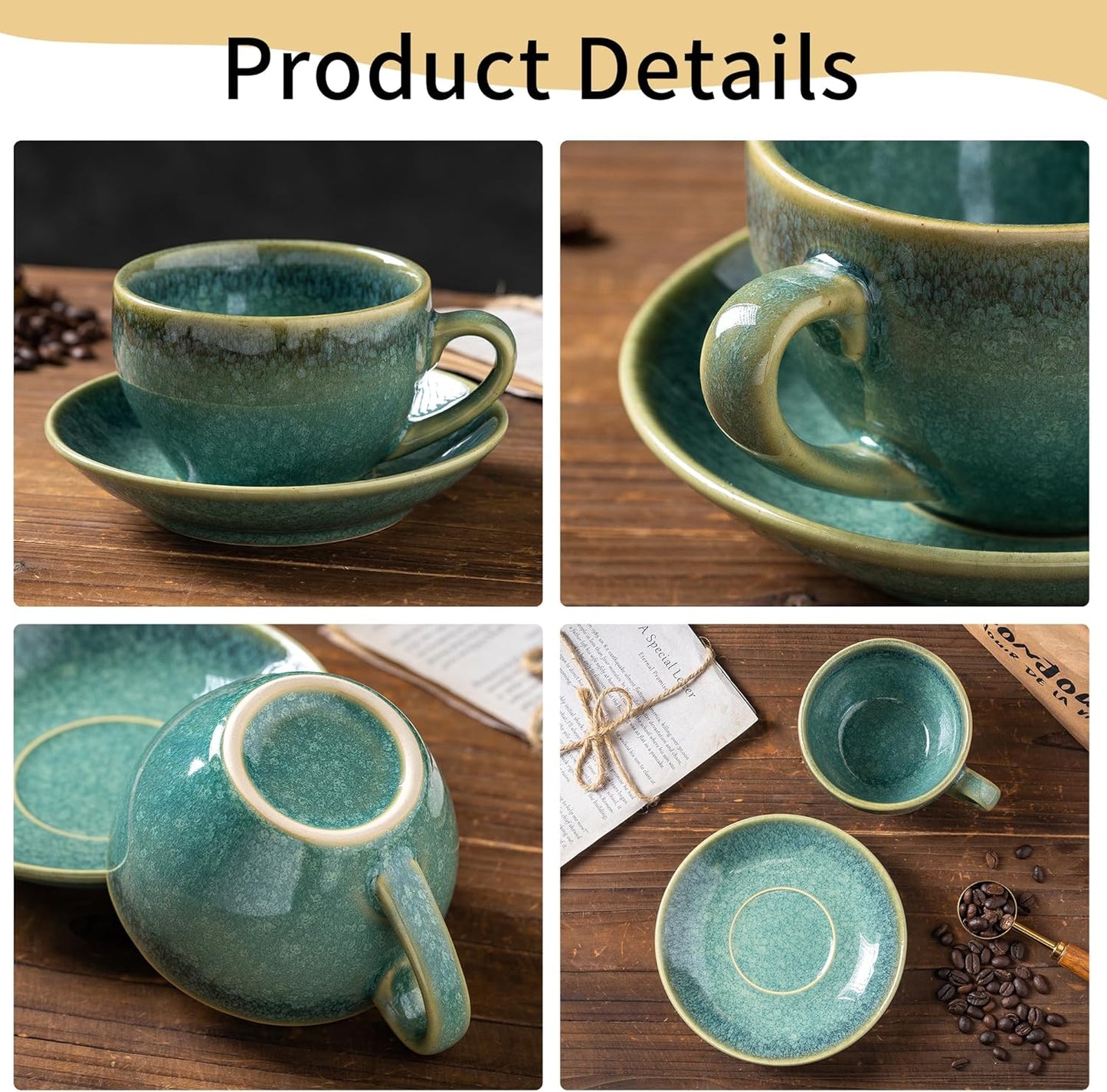 Porcelain Coffee Cup with Saucer Spoon, Vintage Design Ceramic Latte Art Cappuccino Barista Espresso Tea Cup with Saucer (11.6 oz, 350ml, Crystal Green)