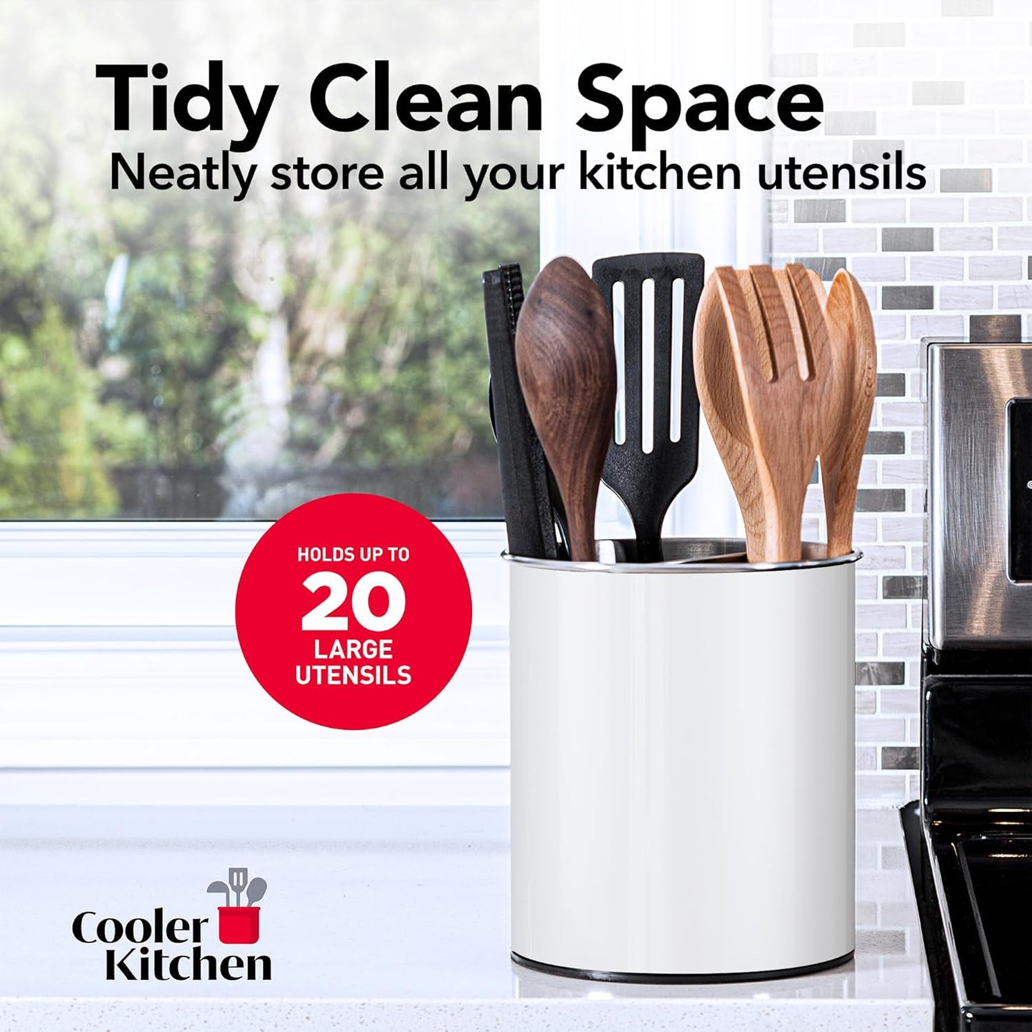 Rotating Extra Large Stainless Steel Utensil Holder Caddy with Sturdy No-Tip Weighted Base, Removable Divider, and Gripped Insert Bottom - Dishwasher Safe Metal Cooking Utensil Holder (White)