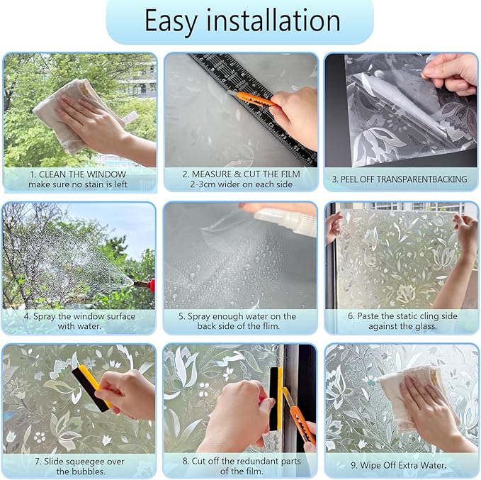 HIDBEA Window Privacy Film, 3D Stained Glass Static Cling - Sun Blocking Anti-UV Heat Control, Reusable Decorative Film for Home/Office Doors, Rainbow Tulip Design (23.6 in x 78.7 in)