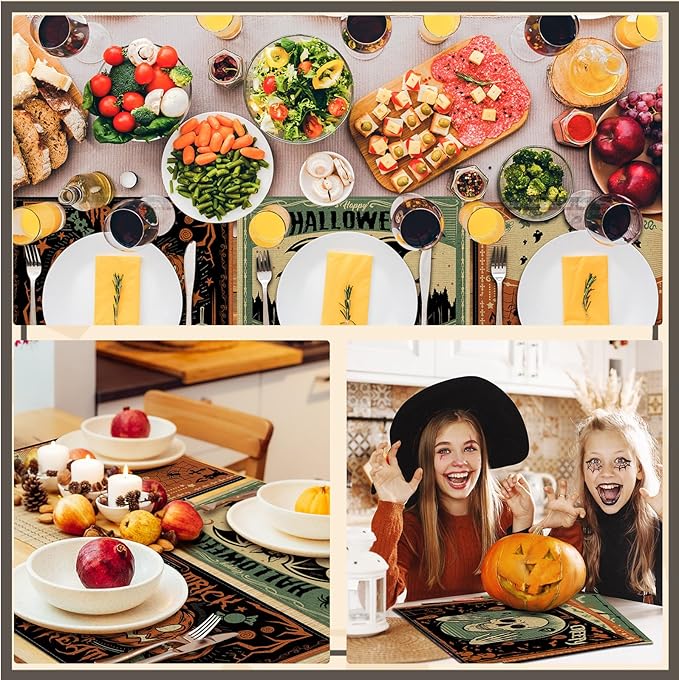Umigy 6 Pcs Halloween Placemats 12"x18" Gothic Bat Placemats Kitchen Decoration Washable Witch Place Mats Rectangle Skull Table Mats for Halloween Dining Table Accessories(Scary)