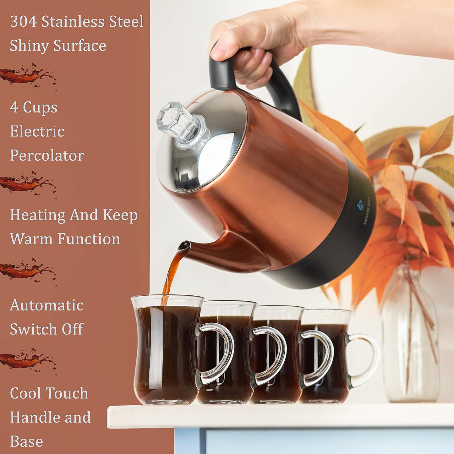 Mixpresso Electric Coffee Percolator Copper Body with Stainless Steel Lids Coffee Maker, Percolator Electric Pot - 4 Cups, Copper Camping Coffee Pot