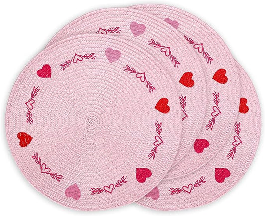 Whaline 4Pcs Round Valentine Placemats Red Pink Heart Embroidered Place Mats Decorative Dinner Table Mats for Home Wedding Anniversary Party Decor