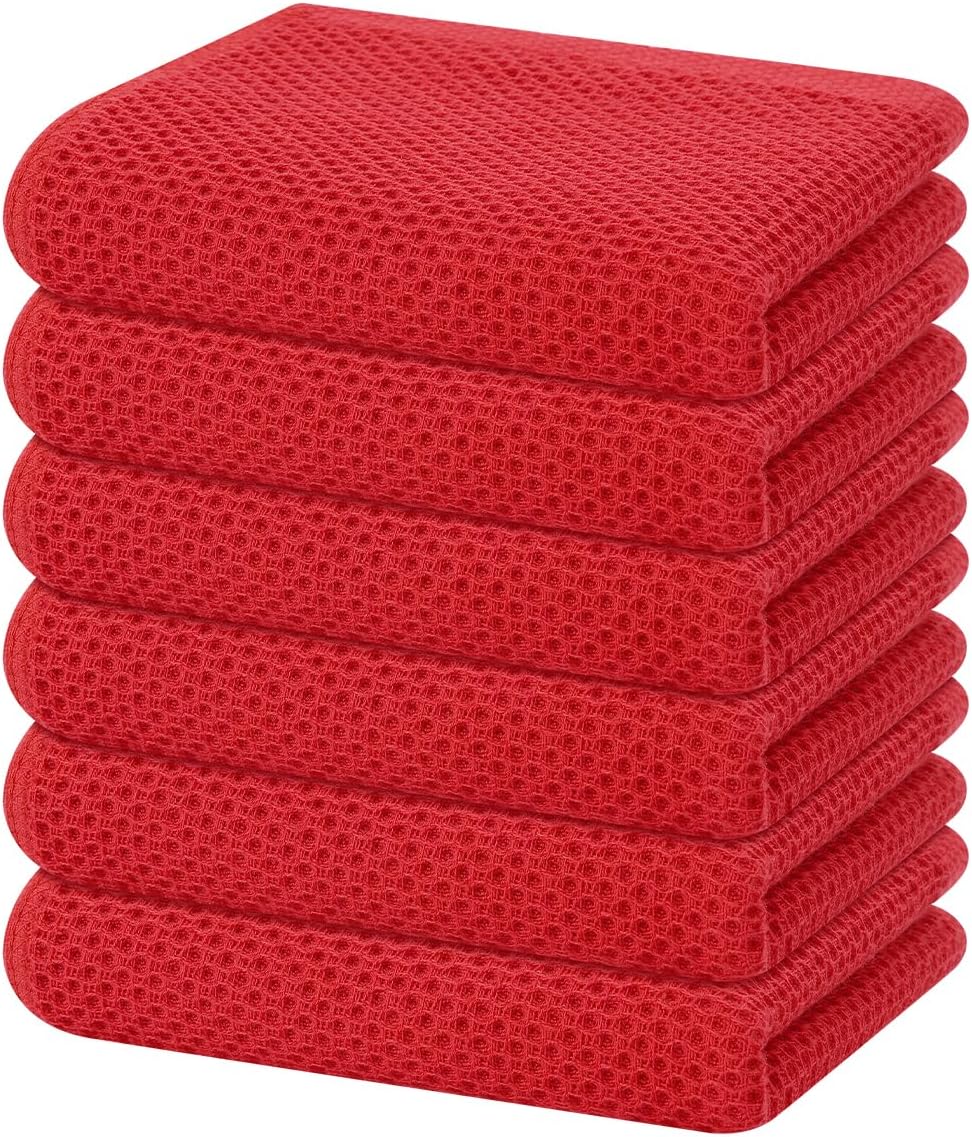 Homaxy 100% Cotton Waffle Weave Kitchen Dish Towels, Ultra Soft Absorbent Quick Drying Cleaning Towel, 13 x 28 Inches, 6-Pack, Red