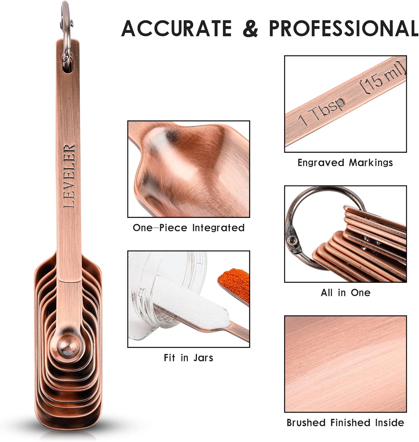 Copper Measuring Spoons Set, Stainless Steel Measuring Spoons Set 10, Metric&US Long Handle Measure Spoons for Kitchen&Baking, Metal Measure Tools with 1/16Tsp&2/3Tbsp for Spice Jar