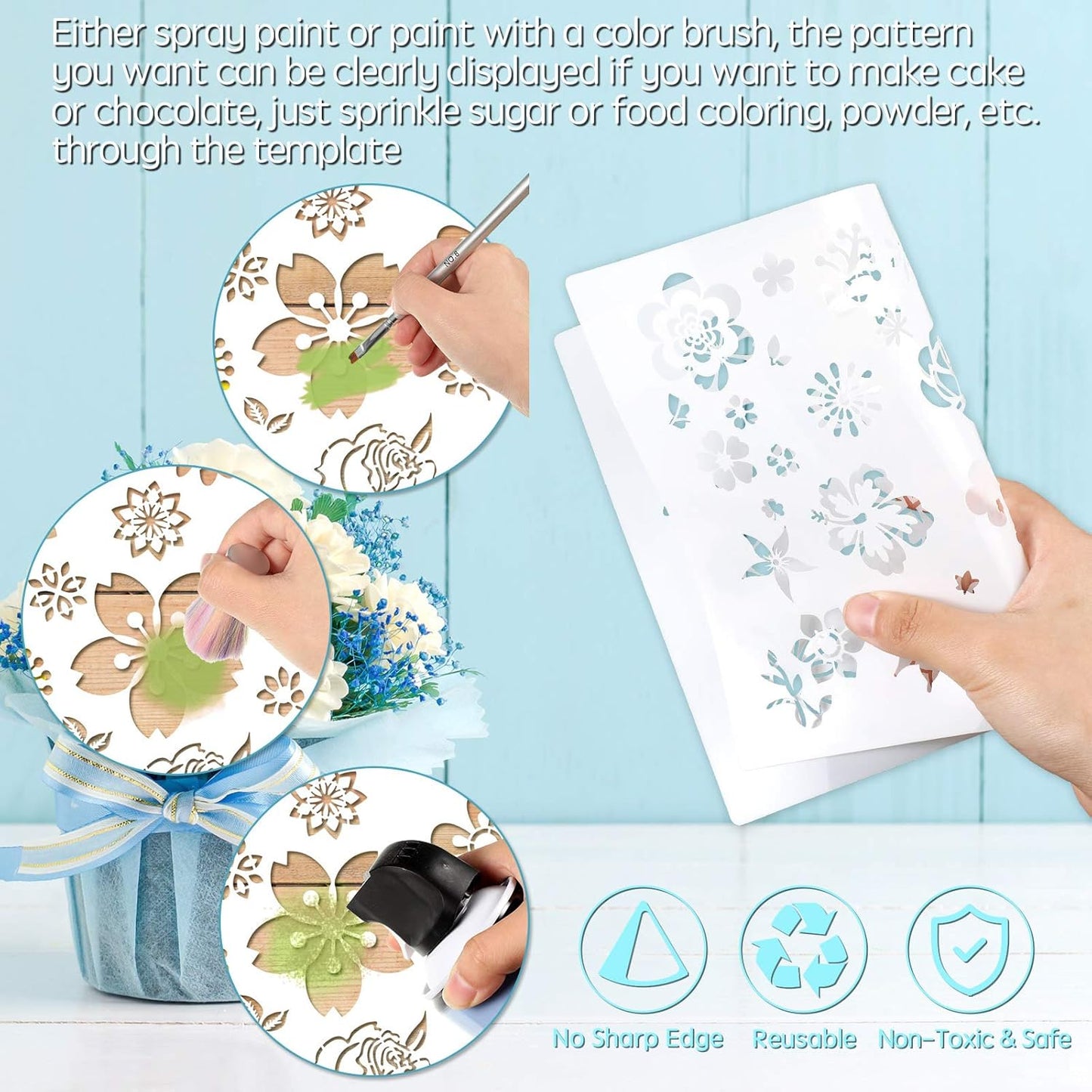 Zonon 3 Pieces Stencil Template Painting Stencil Spring Summer Template Reusable Drawing Set for Daily DIY Art Notebook Wedding Card Scrapbook Home Decor 3 Sizes(Flower Style)