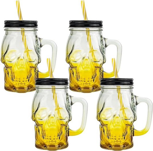 Halloween Cups Set of 4 - Yellow Skull Glass Drinking Jar with Lids and Straws - Halloween Decor, Drinking Glasses 16 oz