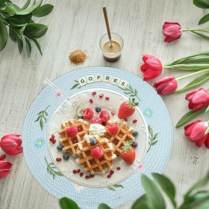 Whaline 4Pcs Round Daisy Placemats Spring Flower Embroidered Place Mats Greenery Floral Dinner Table Mats for Home Holiday Wedding Bridal Baby Shower Birthday Party Decor