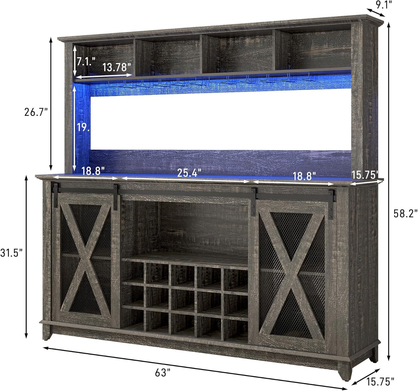 63"Wide 58"H Farmhouse Coffee Bar Cabinet with LED Light,Wine Bar Cabinet w 4 Storage Hutch,Kitchen Buffet Cabinet wSliding Barn Door & 15 Wine and Glass Racks for Kitchen Dining Room(Dark Rustic Oak)
