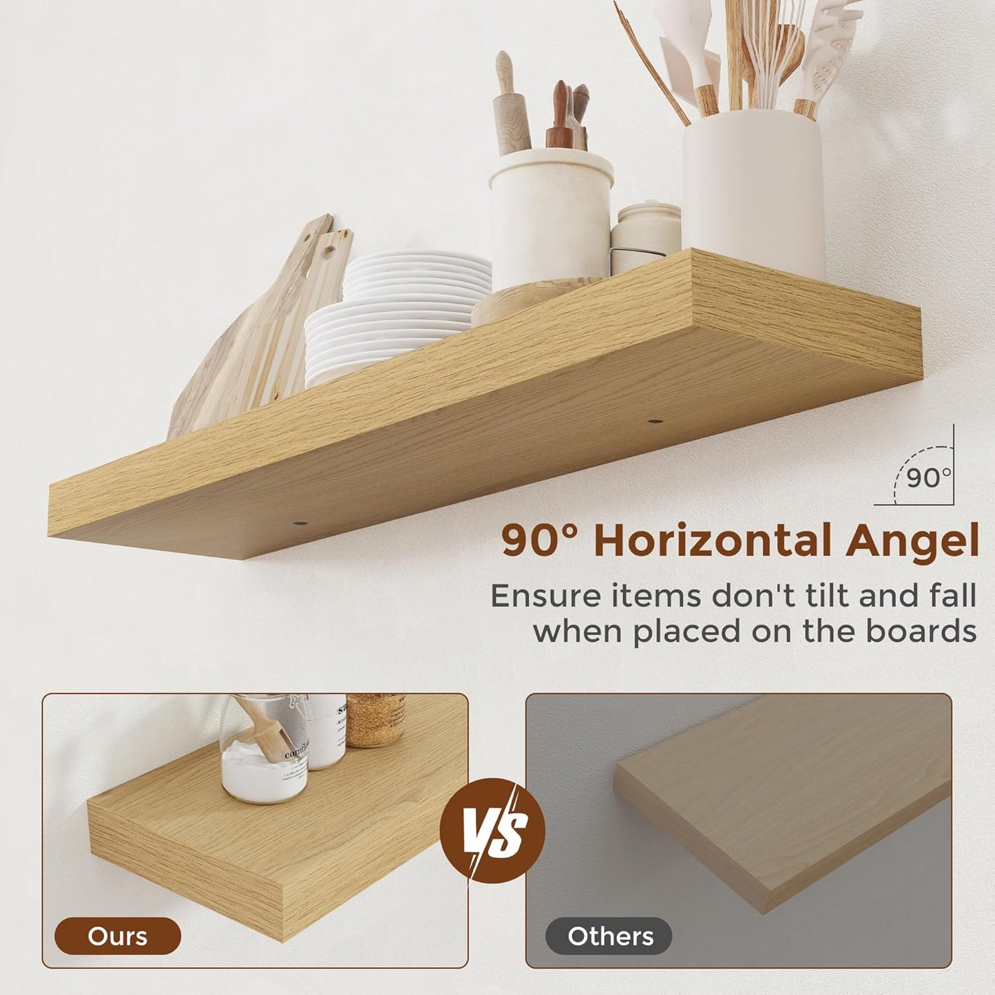 Heimlove 36 Inch Floating Shelves for Wall 8 Inch Deep Oak Shelves Set of 2,Wall Mounted Rustic Wood Long Floating Shelf with Invisible Brackets for Bedroom Kitchen Living Room