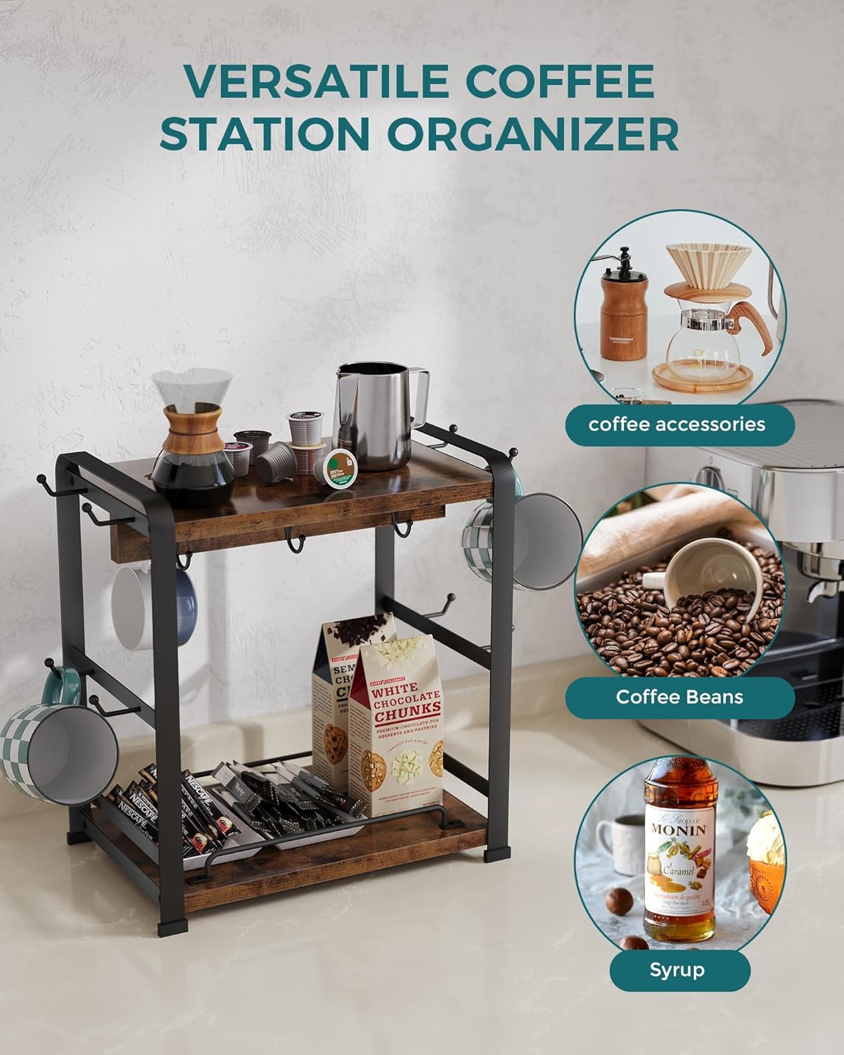 OROPY Wooden Coffee Bar Organizer with 14 Mug Hooks, 2 Tier Countertop Coffee Mug Holder Stand for Cups, Mugs, Syrups, Accessories