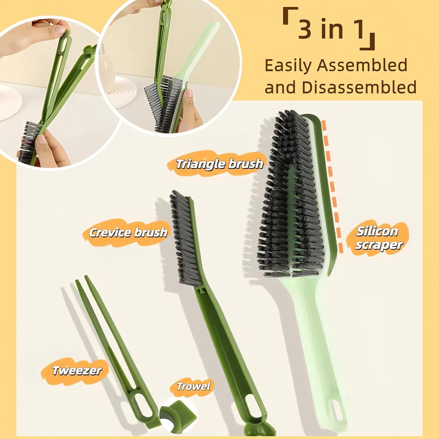 3 in 1 Detachable Household Cleaning Brush, Multifunctional Scrub Brush with Hard Bristle and Handle, Ideal Crevice Grout Scrubber Cleaner for Kitchen, Bathroom, Window, Shoes (Green)