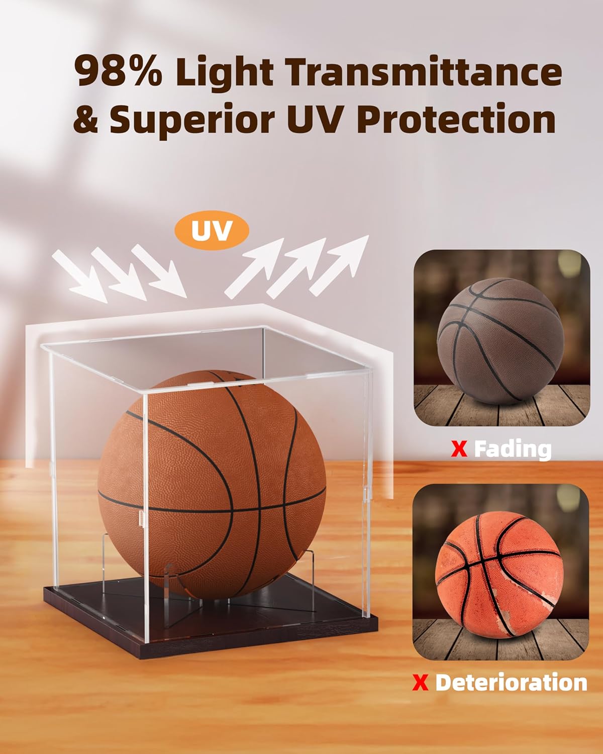 Basketball Display Case Acrylic Clear, UV Protected Basketball Stand Box Full Size with Solid Wood Base, Soccer Display for Autographed Standard NBA WNBA Ball Memorabilia Keepsake, Ideal Gift
