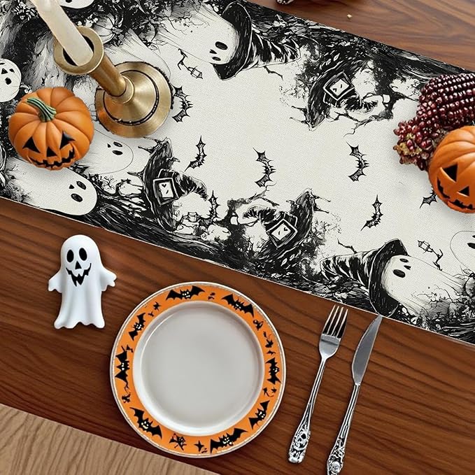 GPGHE Halloween Table Runner Black Ghost Holiday Burlap Table Decoration Indoor Outdoor Home Decor Party Supply 13 x 36 Inch