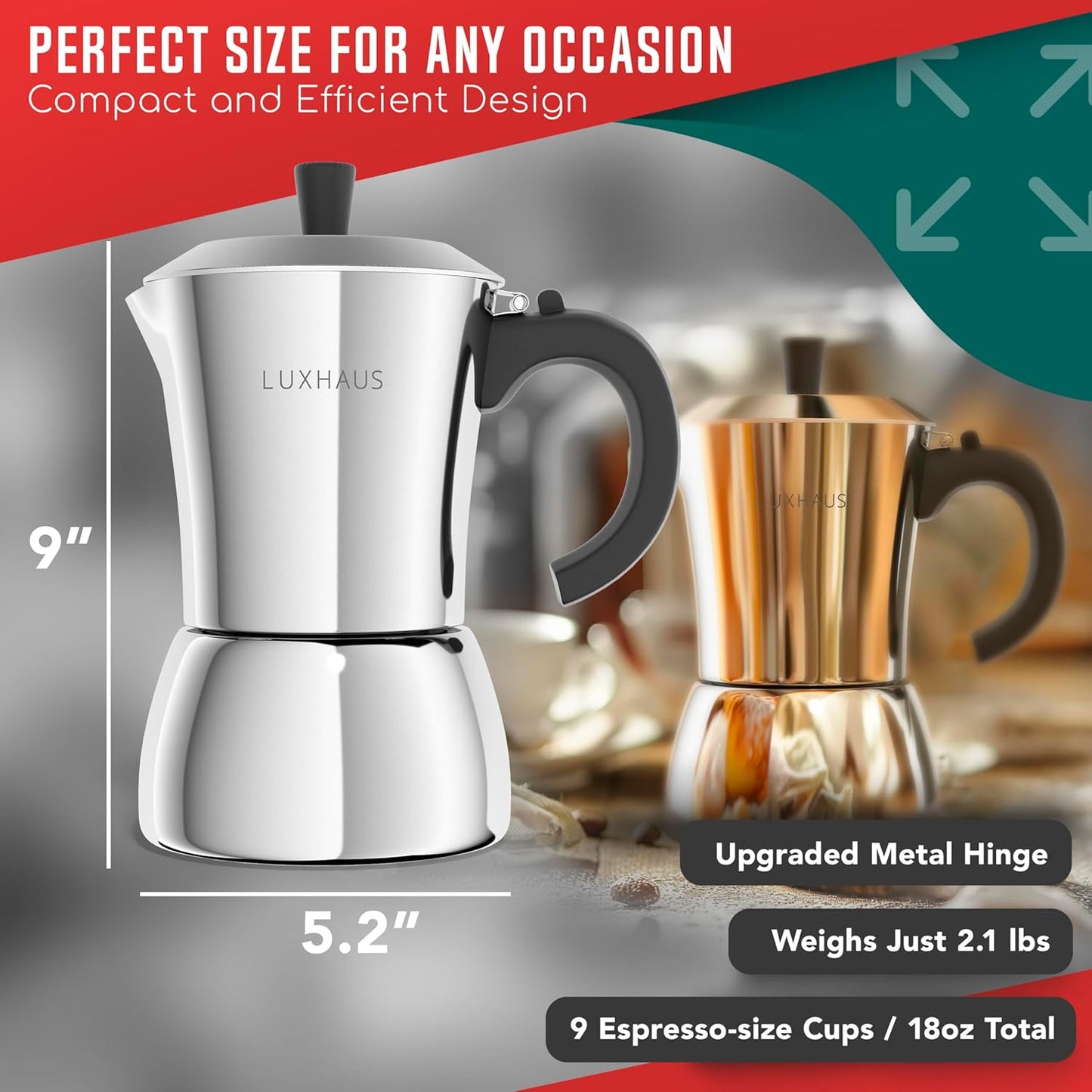 LuxHaus Moka Pot - 9 Cup Stovetop Espresso Maker - 100% Stainless Steel Italian and Cuban Mocha Coffee Maker