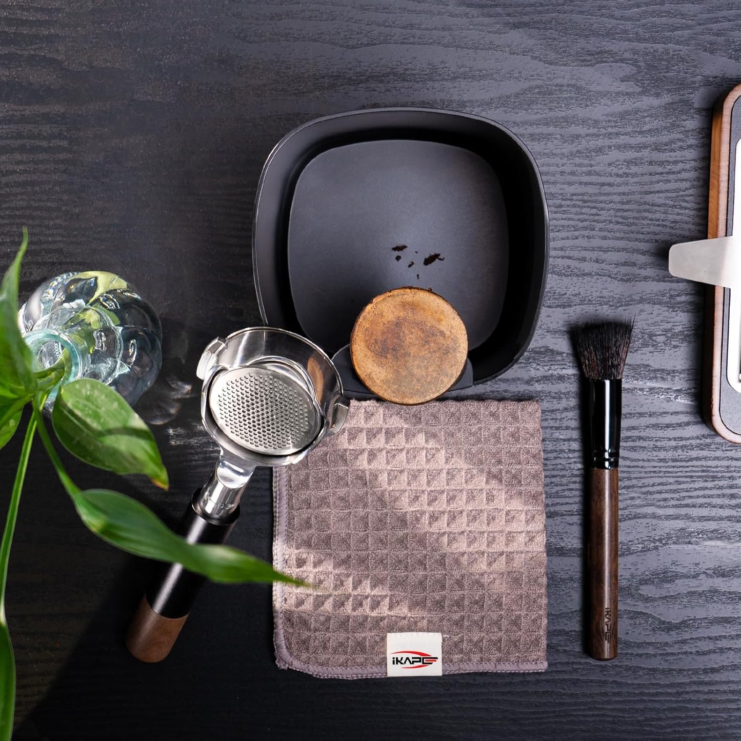 IKAPE Espresso Kit 3 IN 1, Espresso Knock Box, Cleaning Towel & Brush for Barista-Grade Maintenance - Black Espresso Machine Coffee Puck Disposal Box