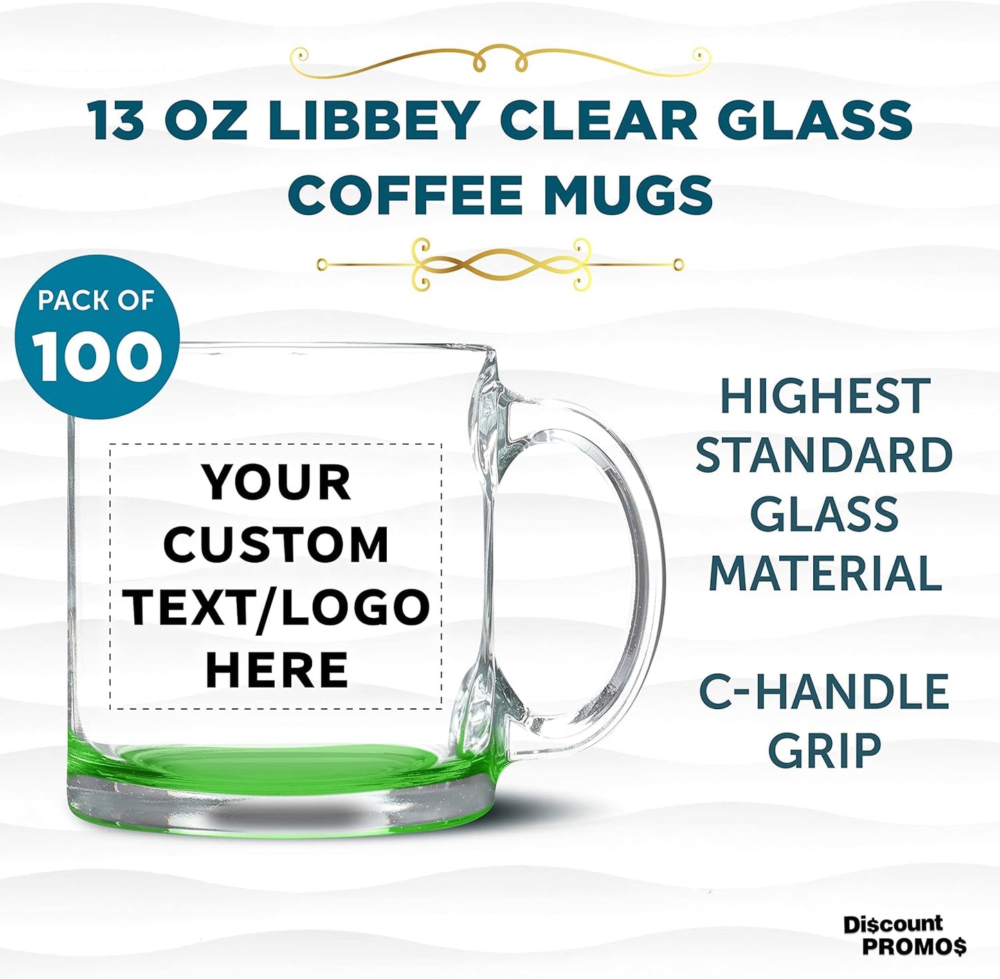 Custom Libbey Clear Glass Coffee Mugs 13 oz. Set of 100, Personalized Bulk Pack - Perfect for Coffee, Tea, Espresso, Hot Cocoa, Other Beverages - Green Bottom