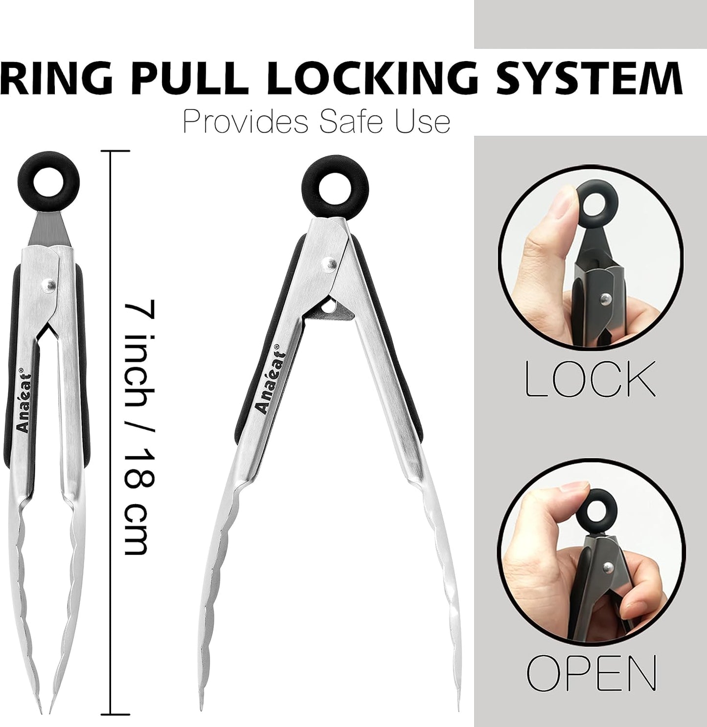 Anaeat 3 Pack 7" Mini Stainless Steel Locking Tongs - Sturdy Coiled Spring Kitchen Food Tong with Non-Slip Silicone Tips and Grip for Serving, Cooking, Baking and BBQ - Heat Resistant Metal Tongs