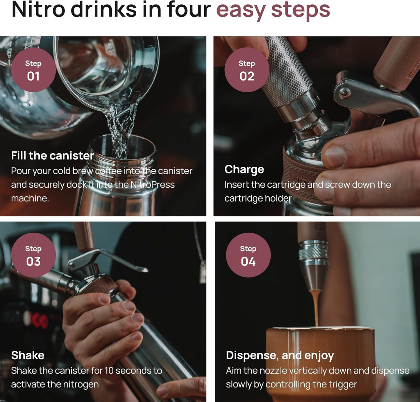 10 PCS NitroPress Nitrogen Coffee Chargers – Pure N2 Cartridges for Nitro Cold Brew Coffee Maker, Cocktails, Tea, and Beer – Use with NitroPress Instant Nitrogen Diffuser System