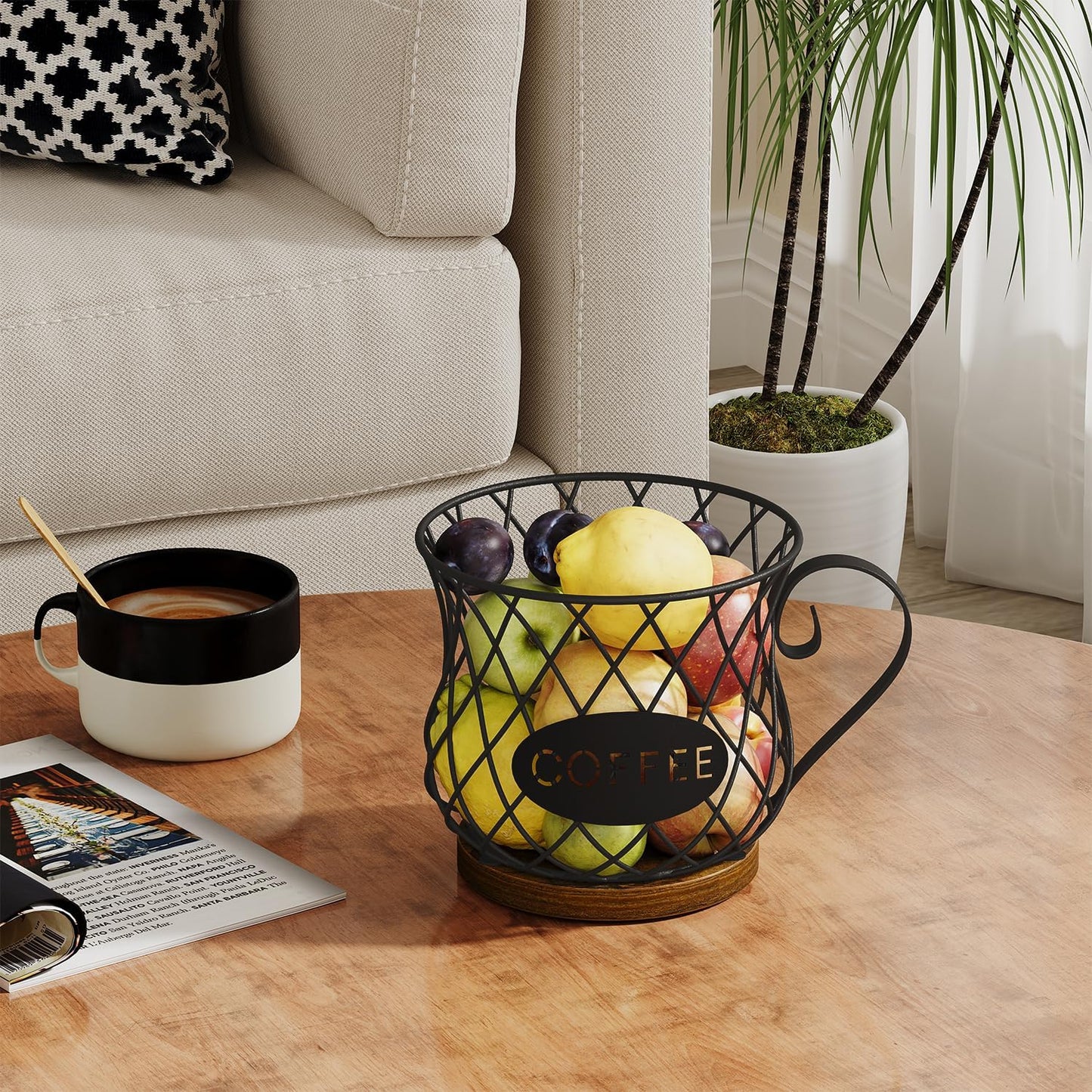 YINMIT K Cup Holder Organizer, Rustic Coffee Pod Holder Organizer, 35 Kcup Holder for Counter with Handle，Large Capacity Black Wire Coffee Capsule Basket for Kitchen Office Desktop (Circular Grid)