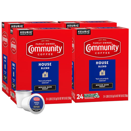 Community Coffee House Blend 96 Count Coffee Pods, Medium Dark Roast, Compatible with Keurig 2.0 K-Cup Brewers, 24 Count (Pack of 4)