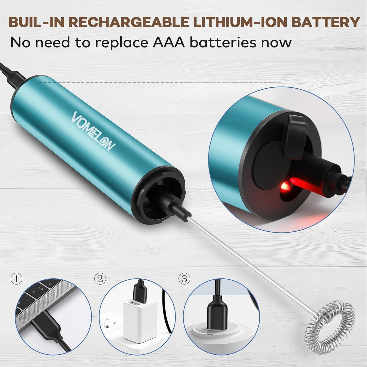 Rechargeable Milk Frother Handheld Electric Frother Wand Milk Foamer Drink Mixer for Coffee, Lattes, Cappuccino, and Egg, Stainless Steel for Travel-Light Blue