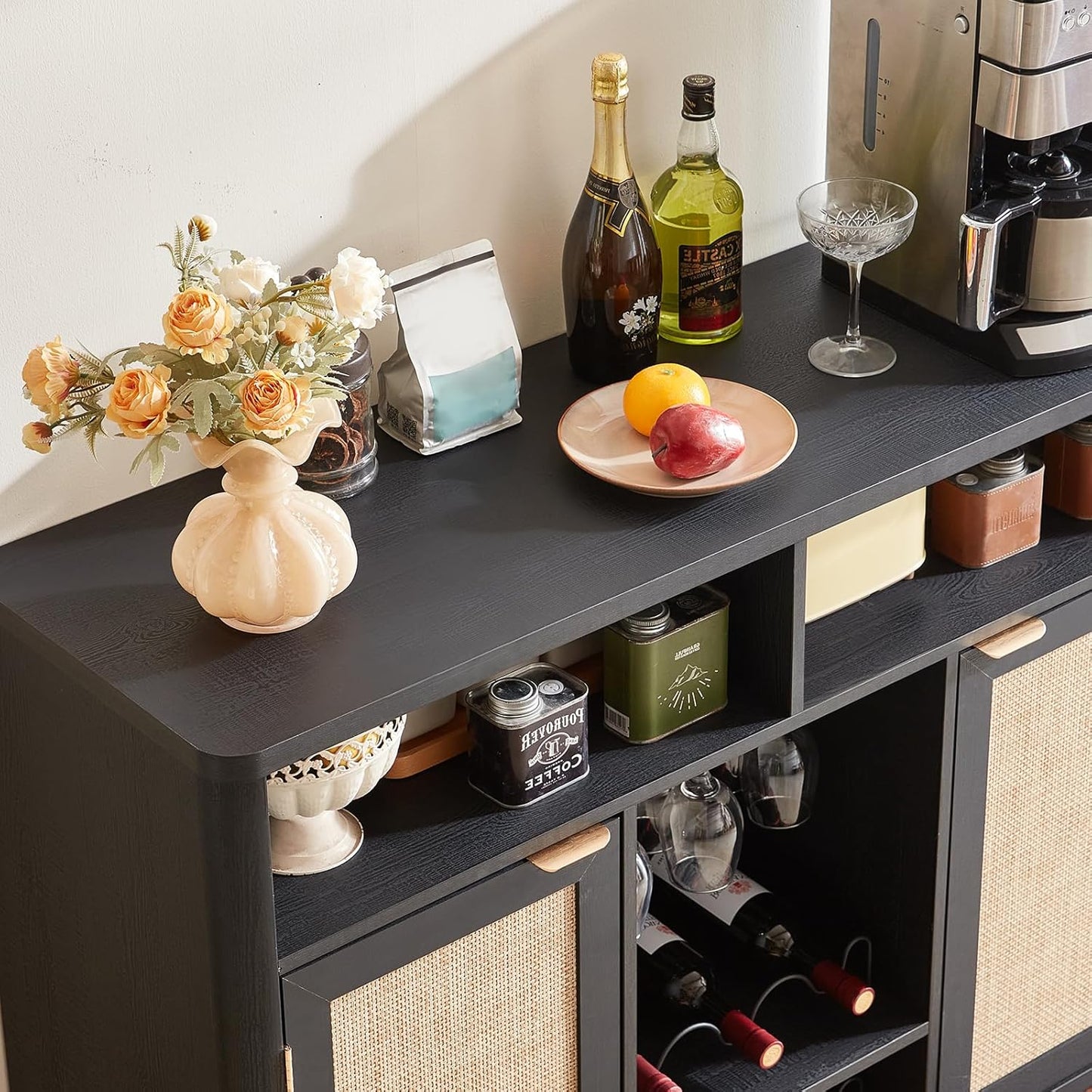Lerliuo 47.2" Rattan Wine & Liquor Cabinet with 2 Doors, Boho Farmhouse Coffee Bar Station, Built-in Wine Racks & Storage, Adjustable Shelves for Living Room, Dining Room, Kitchen, Black