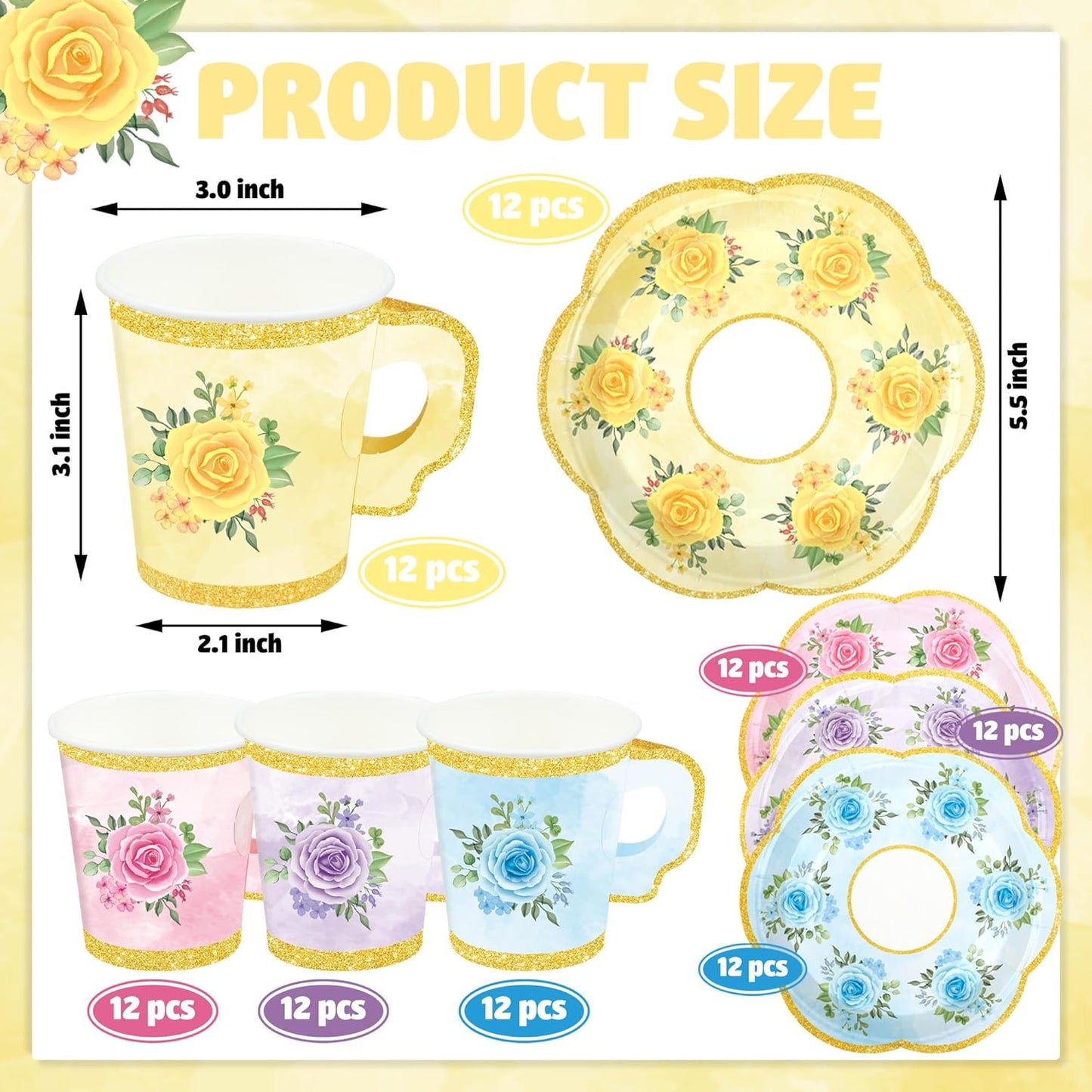 48 Sets Floral Paper Tea Cups and Saucers Disposable Tea Party Supplies Colorful Flower Teacups with Handle and Plates for Hot Cold Drink Wedding Birthday Party Baby Shower