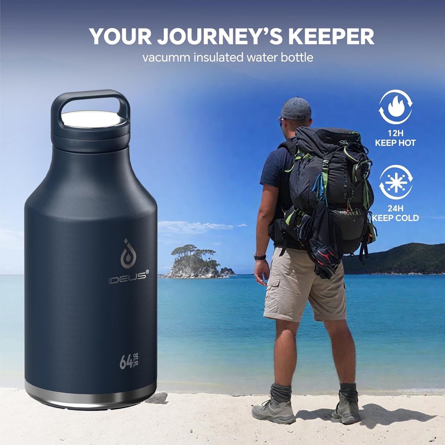 IDEUS Insulated Stainless Steel Water Bottle with 2 Leak-Proof Lids, Thermal Water Flask for Hiking Biking, 64oz, Navy Blue