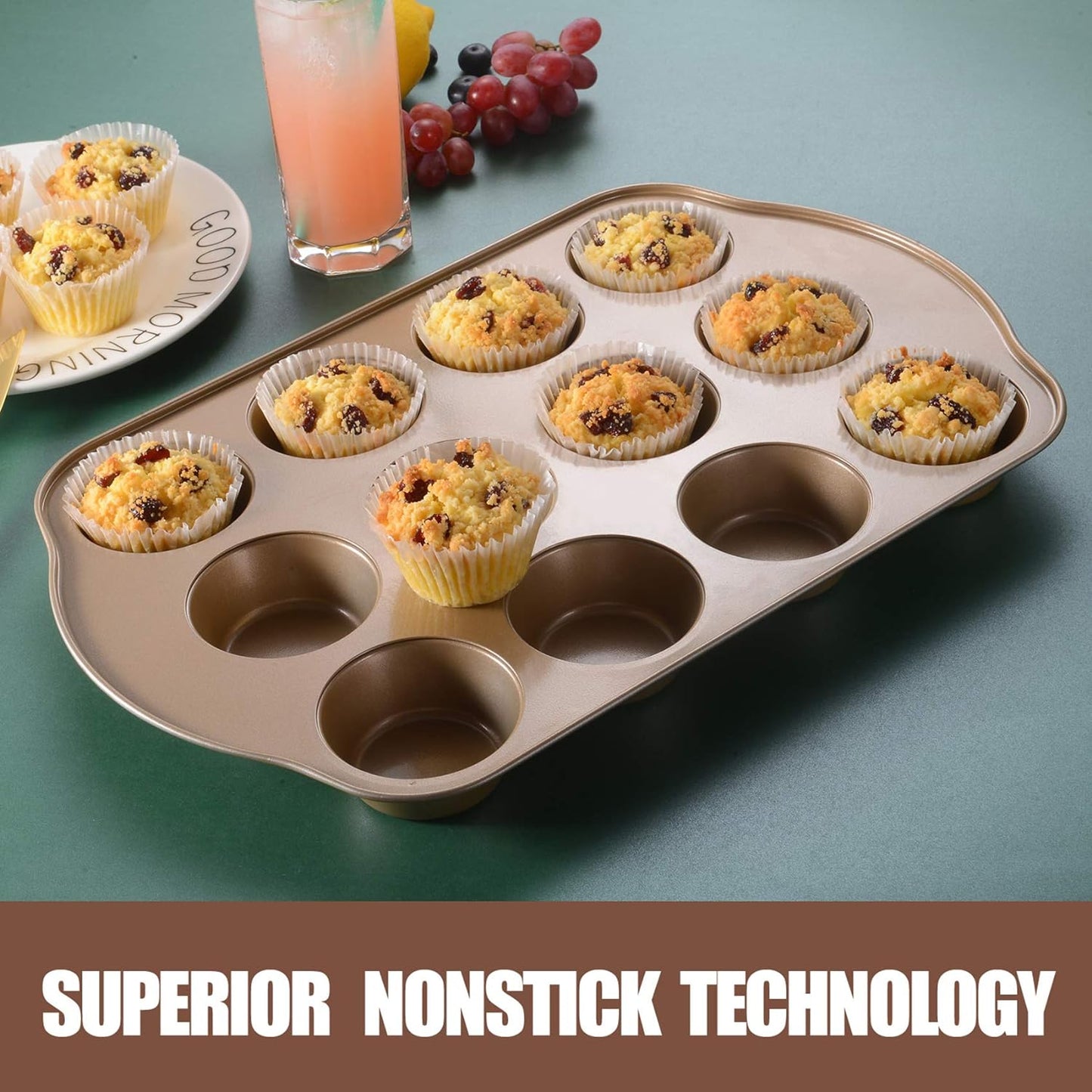 Nonstick Muffin & Cupcake Pan Set (2 Pack) - 12 Cup Regular + 24 Cup Mini Muffin Tins | Heavy Duty Gold Carbon Steel, Rust-Resistant, Easy Release