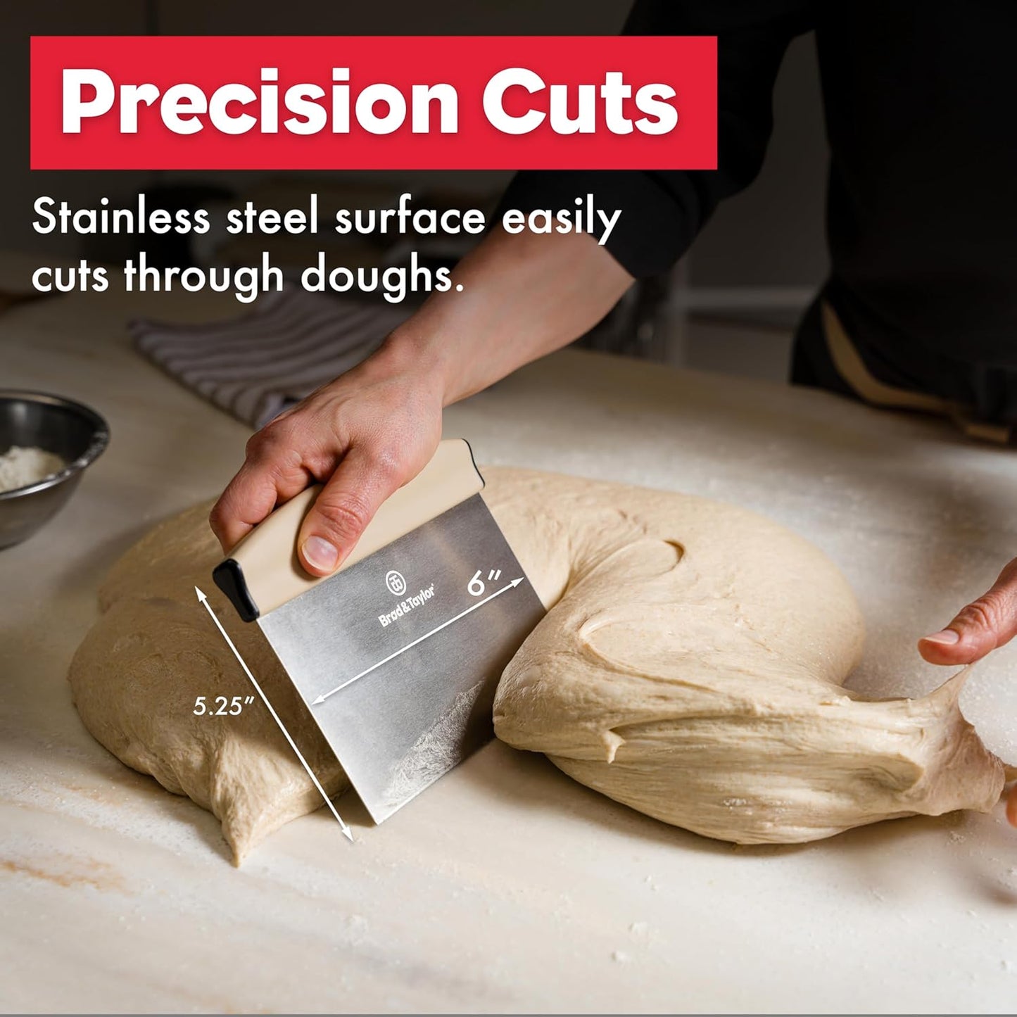 Brod & Taylor Bench Knife with 1" Markings and Non-Slip Rubber Handle, Dough Cutter for Home-Kitchen Baking (6" x 5.25" Surface), 100% Dishwasher Safe