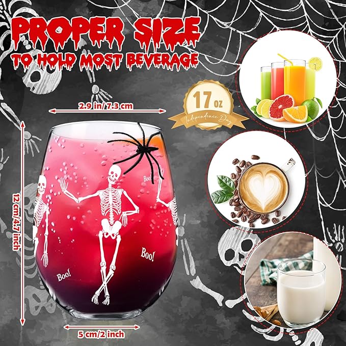 Sliner 2 Pack 17 oz Halloween Skeleton Wine Glasses Gift for Women Skull Shot Glasses Whiskey Drinking Cup for Halloween Party Supplies Birthday Theme Events Spooky Gifts(Skeleton)