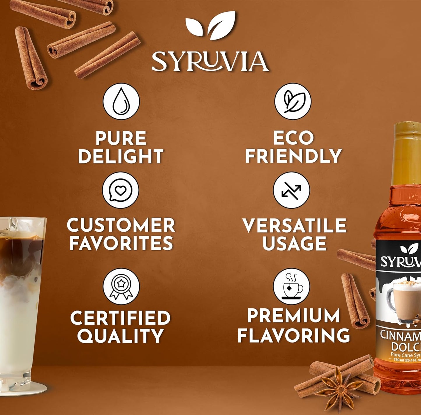 Syruvia Cinnamon Dolce Coffee Syrup - 25.4 fl oz. Kosher and Gluten-Free. Perfect for Enhancing Drinks, Sodas, Shakes, Desserts, and More.