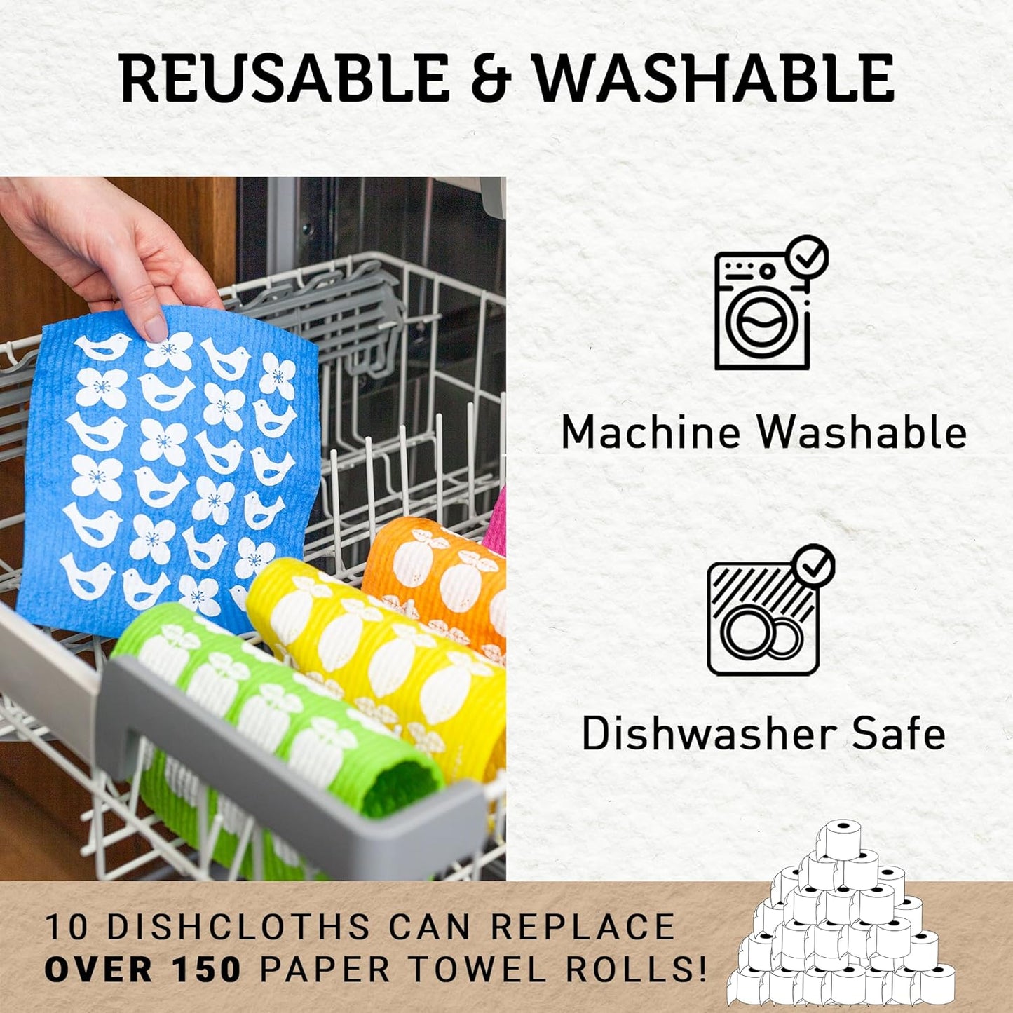 Nordhus Design Swedish Dishcloths,10 Cloths, Made in Sweden - Reusable, Washable Cellulose Cotton Kitchen Cloths - Replace Paper Towels, Wipes, Sponges, Dish Rags