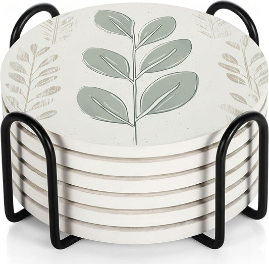 VEYRO Coasters Set of 6 for Drinks – Absorbent Ceramic Stone Drink Coasters with Cork Backing for Coffee Table & Desk, Modern Boho Look Cup Coaster Set, Housewarming Gift for New Home