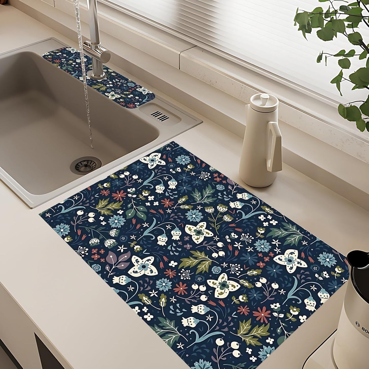 2Pcs Dish Drying Mats Faucet Mats Sets Large Size Coffee Mats Sink Faucet Mat Splash Guard for Kitchen Counter Bathroom Sink Coffee Bar Kitchen Decor (Cute Wildflowers, 18"x24" 15" x 5.5"Set)