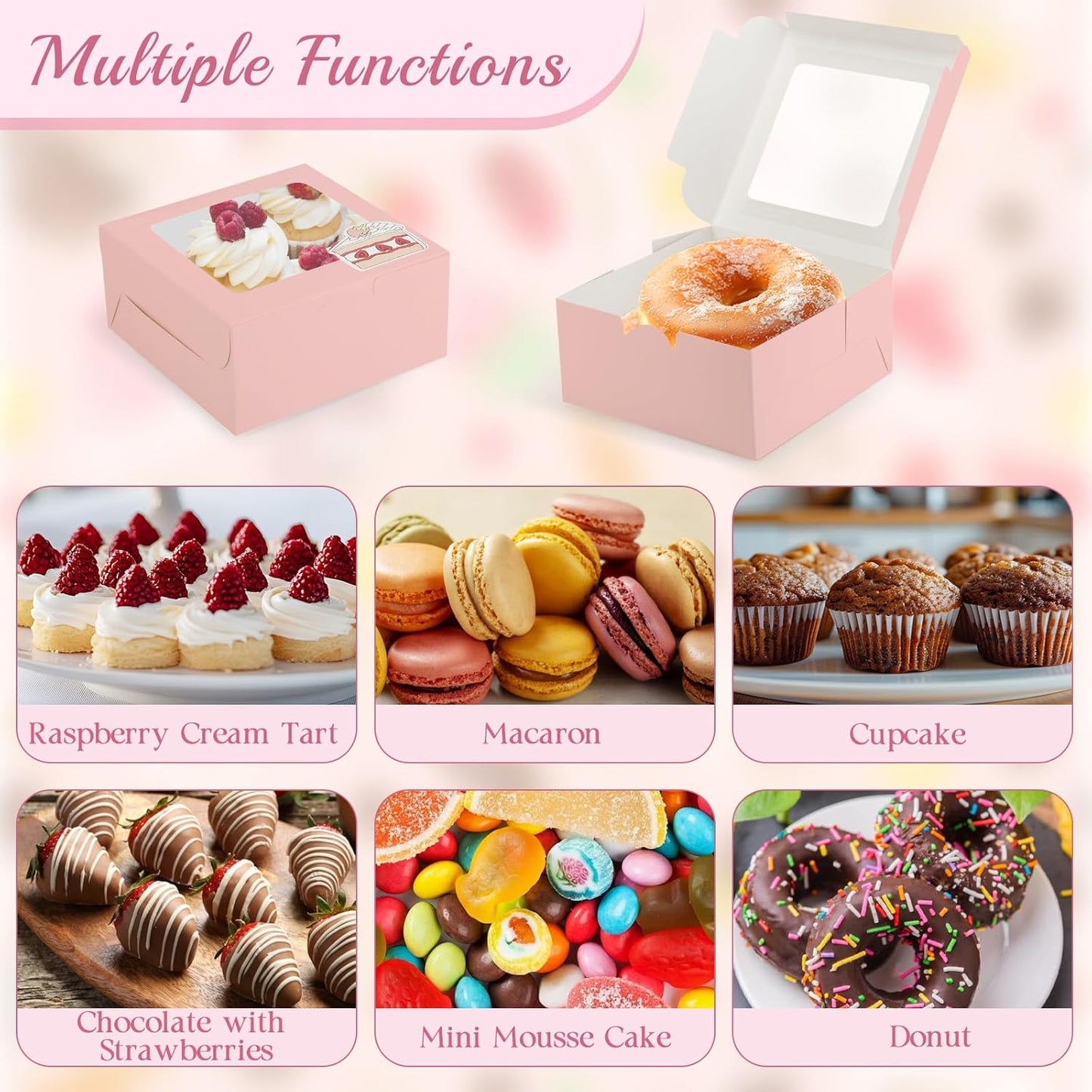 OAMCEG 50 Pack Cookie Boxes with Window, 6x6x3 Inches Pink Cupcake Boxes, Bakery Treat Boxes with Stickers & Twine for Pastry, Desserts, Strawberries, Cupcakes, Gift Giving