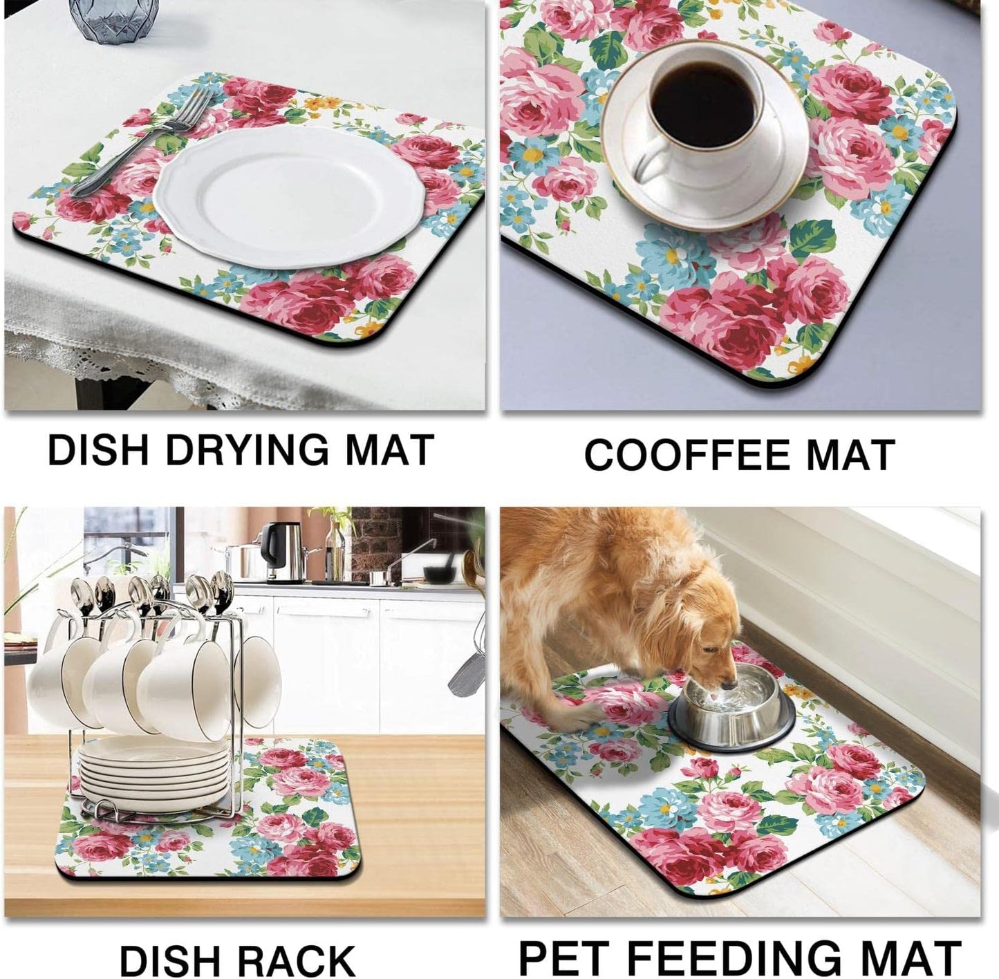Rubber Dish Drying Mat for Kitchen Counter Large Pink Red Roses Floral Washable Quick Home Coffee Pad Fit Under Sink,Bar,Utensils 16x18in