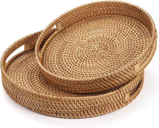 Rattan Round Serving Tray, Hand Woven Serving Basket with Cut - Out Handles, Wicker Fruit/Bread Serving Basket (11.8 + 13.8 inch)